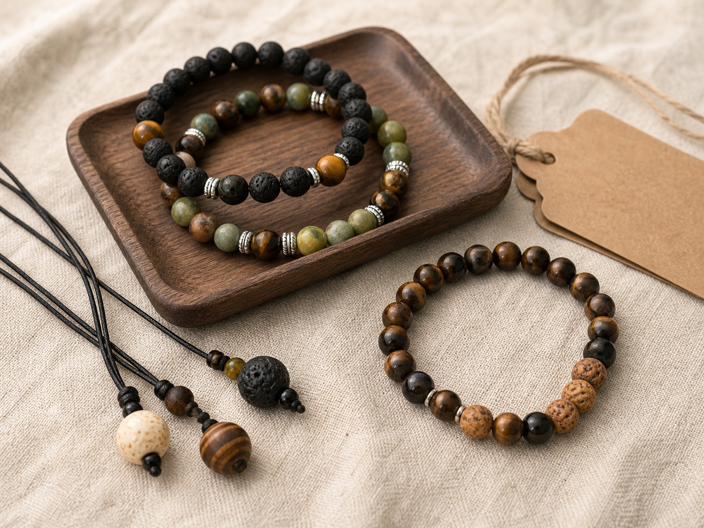 Close view of handmade beaded bracelets and pendants on linen fabric